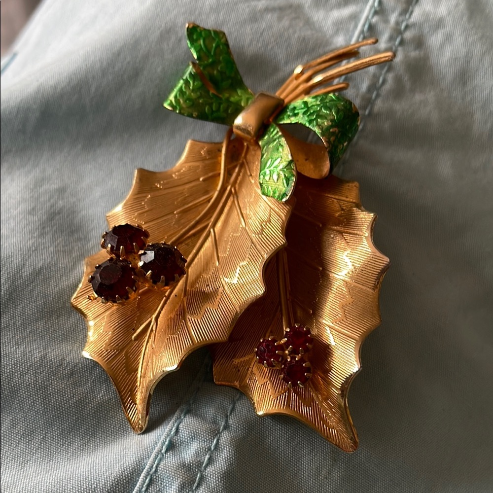 Festive Gold and Green Christmas Holly Brooch 1960’s by St. Labre